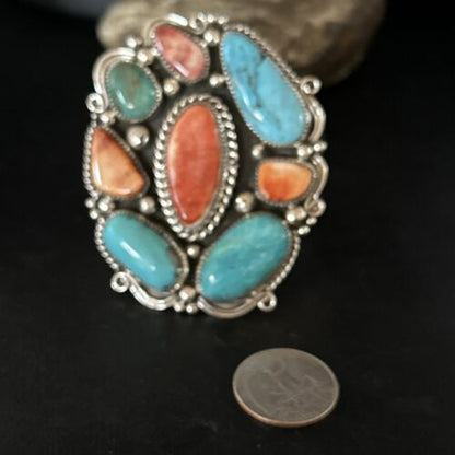 Men's Kingman Turquoise & Spiny Oyster Cluster Cuff Bracelet | Sterling Silver | Native American Handmade | 14595