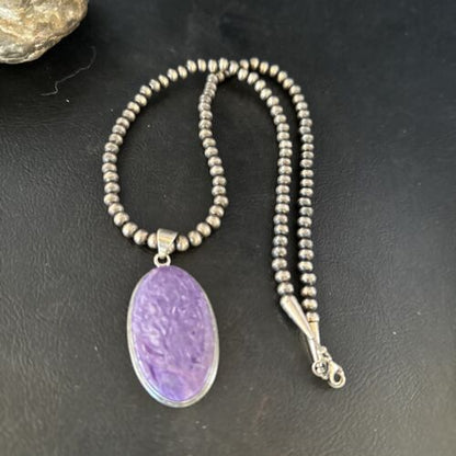 Navajo Pearls Necklace with Purple Charoite Pendant | Sterling Silver | Authentic Native American Handmade | 14464