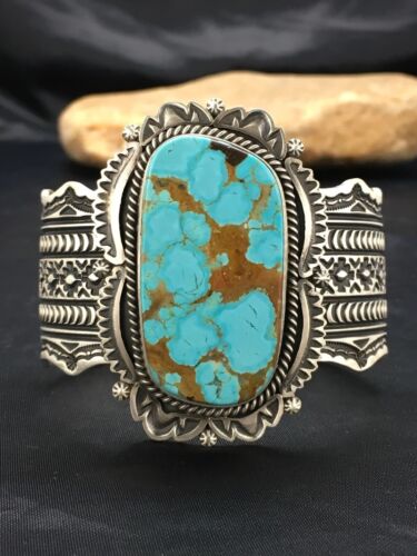 Navajo Men's Turquoise #8 Cuff Bracelet | Sterling Silver | Authentic Native American Handmade | 13646