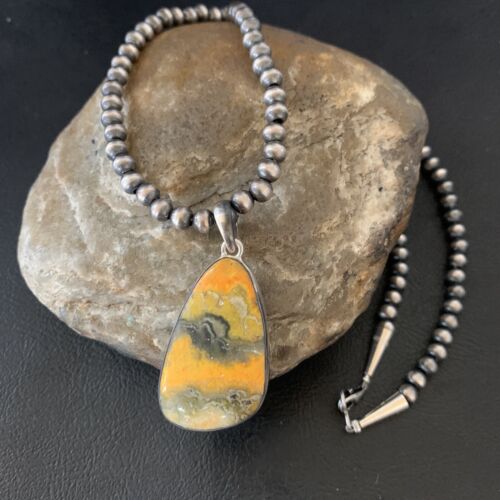 Navajo Yellow Bumblebee Jasper Pendant | Sterling Silver Necklace | Authentic Native American Handmade | 12811