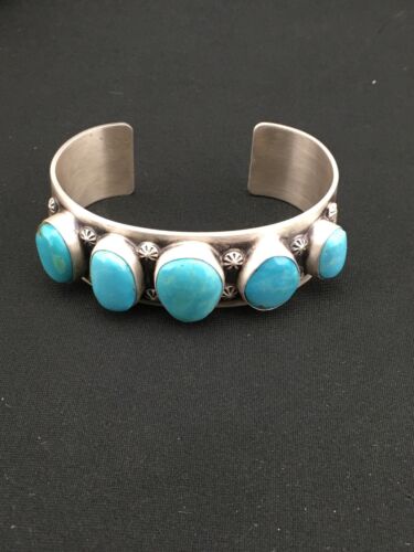 Navajo Men's Sterling Kingman Turquoise Bracelet | 5 Stone | Authentic Native American Handmade | 1304