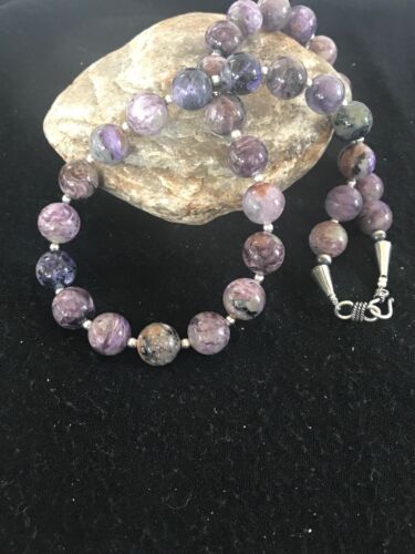 Native American Charoite Bead Necklace | Navajo Pearls | Sterling Silver | 19" | 8448