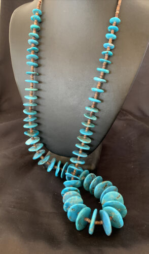 Authentic Native American Kingman Turquoise & Shell Necklace | Sterling Silver | 33" | Navajo Graduated | 12159