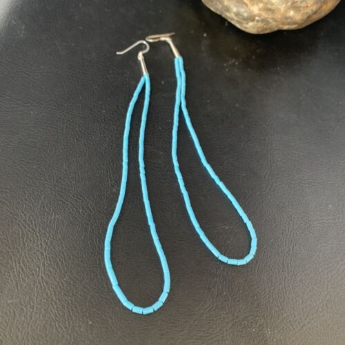 Navajo Silver Heishi Beads Turquoise Earrings | Sterling Silver | 5" | Authentic Native American Handmade | 13503