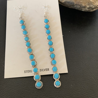 Navajo Green Turquoise Dangle Earrings | Sterling Silver | 3" Long | Authentic Native American Handmade | 12119