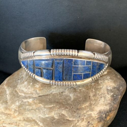 Native American Men's Blue Lapis Inlay Cuff Bracelet | Navajo Sterling Silver | 13709