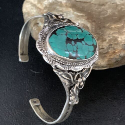 Native American Men's Blue Spiderweb Turquoise Cuff Bracelet | Sterling Silver | 14134