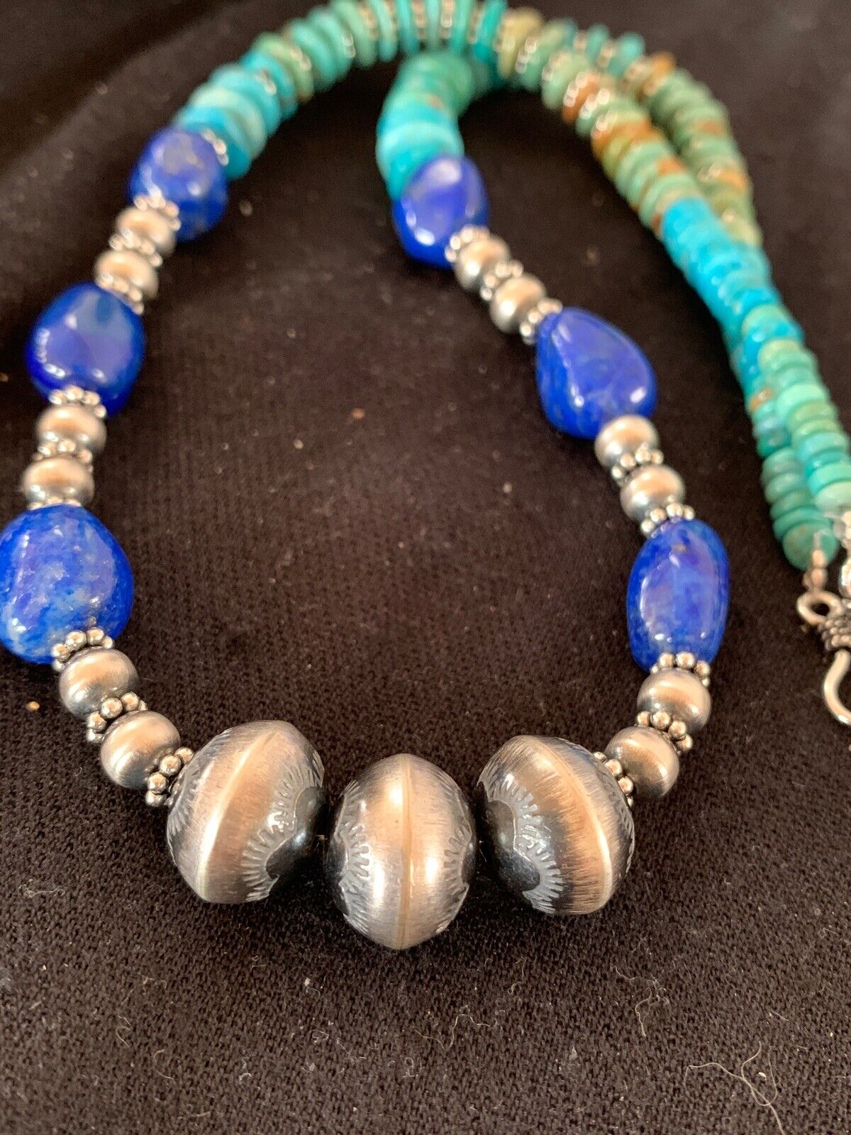 Navajo Lapis & Turquoise Beads Necklace | Sterling Silver | Authentic Native American Handmade | 20" | 4696