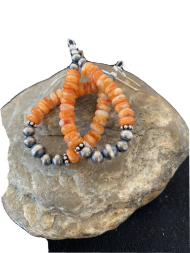 Southwestern Sterling Silver Navajo Pearl Spiny Oyster Bead Earrings | 2" | Authentic Native American Handmade | 854