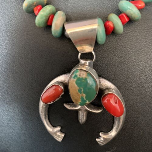 Navajo Pearl Necklace with Royston Turquoise & Coral Naja Pendant | Sterling Silver | 13813