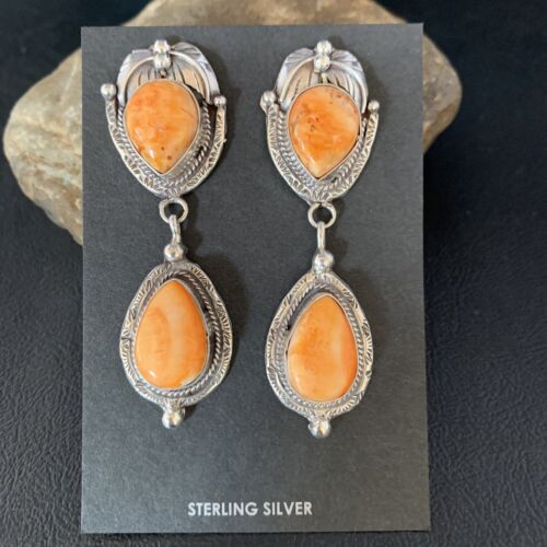 Navajo Orange Spiny Oyster Dangle Earrings | Sterling Silver | Authentic Native American Handmade | 13819