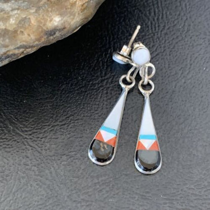 Old Pawn Zuni Multi-Color Turquoise Onyx Inlay Earrings | Sterling Silver | Authentic Native American Handmade | 2043