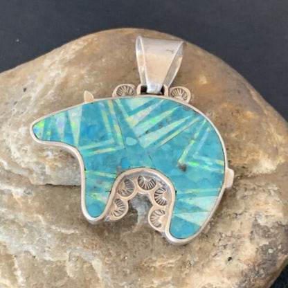 Navajo Blue Turquoise Opal Inlay Pendant | Sterling Silver | Authentic Native American Handmade | 12603