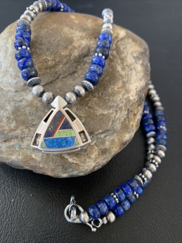 Authentic Native American Sterling Silver Navajo Pearls Necklace with Lapis Inlay Pendant | 01926
