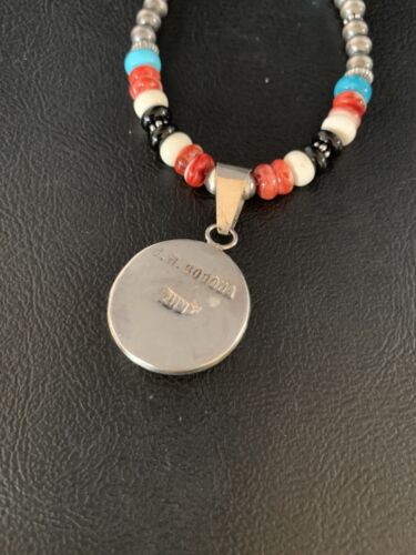 Zuni Multi-Color Turquoise Onyx Necklace | Sterling Silver Inlay Pendant | Native American Handmade | 13564
