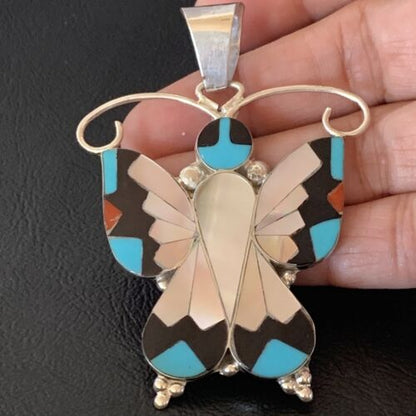 Zuni Blue Turquoise Coral Butterfly  Inlay Pendant | Sterling Silver Necklace | Authentic Native American Handmade | 11966