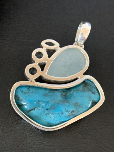 Navajo Blue Topaz Turquoise Pendant | Sterling Silver | 2" | Authentic Native American Handmade | 10832