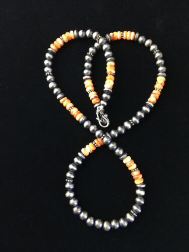 Authentic Navajo Sterling Silver Orange Spiny Oyster Necklace | 21" | Single Strand | Native American Jewelry | 1767