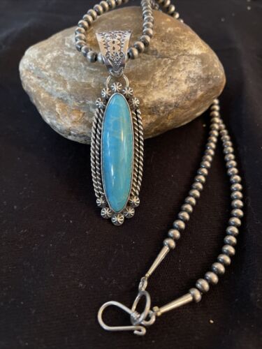 Men's Kingman Turquoise Pendant | Navajo Pearl Sterling Silver Necklace | Authentic Native American Handmade | 1070