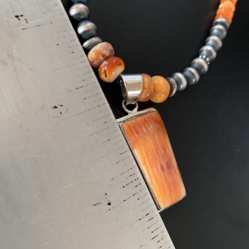 Navajo Pearls Sterling Silver Necklace | Orange Spiny Oyster Pendant | Authentic Native American Handmade | 11386
