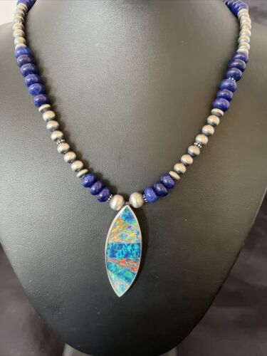 Men's Sterling Silver Necklace | Blue Lapis Bead Opal Inlay Pendant | Authentic Native American Handmade | 10585