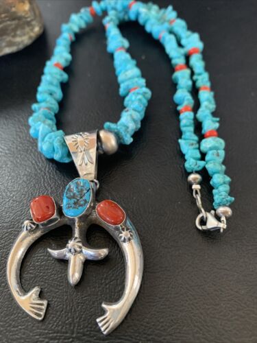 Navajo Sterling Silver Turquoise Coral Pendant Necklace | Authentic Native American Handmade | 11697