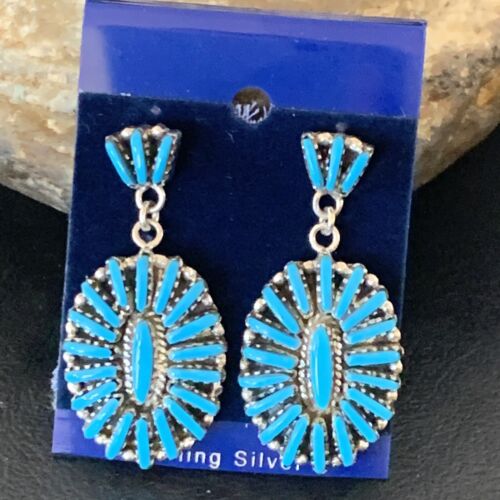 Zuni Handmade Kingman Turquoise Needle Point Dangle Earrings | Sterling Silver | 11622
