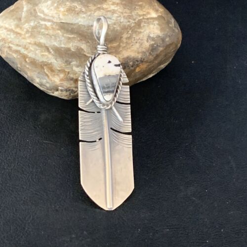 Navajo White Buffalo Turquoise Feather Pendant | Sterling Silver | Authentic Native American Handmade | 13987