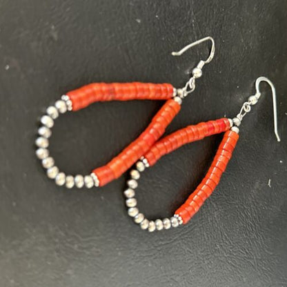 Southwestern Red Coral Dangle Earrings | Sterling Silver Heishi Bead | 2" | 14426