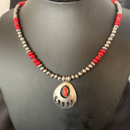 Bear Paw Red Coral Pendant for Men | Navajo Pearl Sterling Silver | Authentic Native American Handmade | 12589