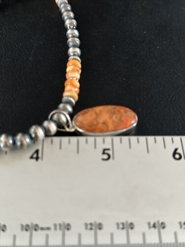 Navajo Orange Spiny Oyster Pendant Necklace | Sterling Silver Naja | Authentic Native American Handmade | 14301
