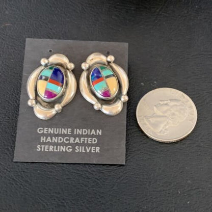 Native American Women's Sterling Silver Blue Turquoise Multi-Color Earrings | Handmade | 13015