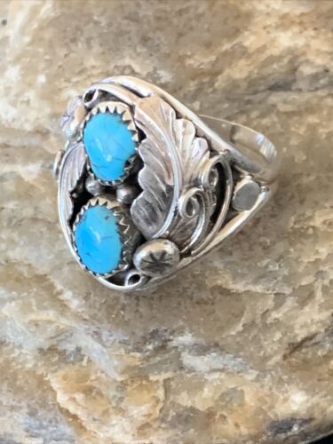 Navajo Blue Kingman Turquoise Feather Ring | Authentic Native American Sterling Silver | Multi-Stone | Sz 11.5 | 12223