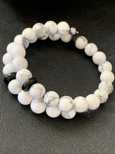 Navajo Memory Wire Bracelet | Stainless Steel | Howlite & Onyx Beads | Sterling Silver | 01956