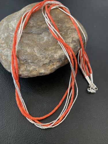 Navajo Coral Tube Beads Liquid Silver Heishi 5-Strand Necklace | Sterling Silver | 02181