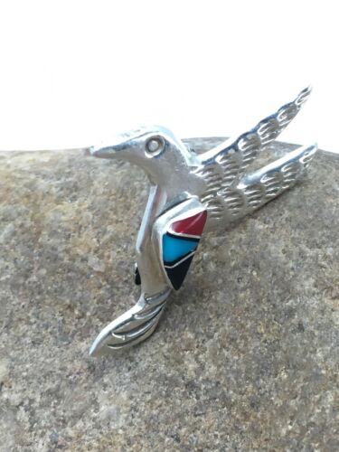 Navajo Hummingbird Pin | Turquoise & Coral | Sterling Silver | Authentic Native American Handmade | 2899