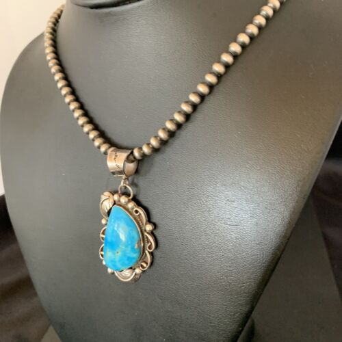 Native American Sterling Silver Blue Kingman Turquoise Necklace Pendant | Women's | 10901