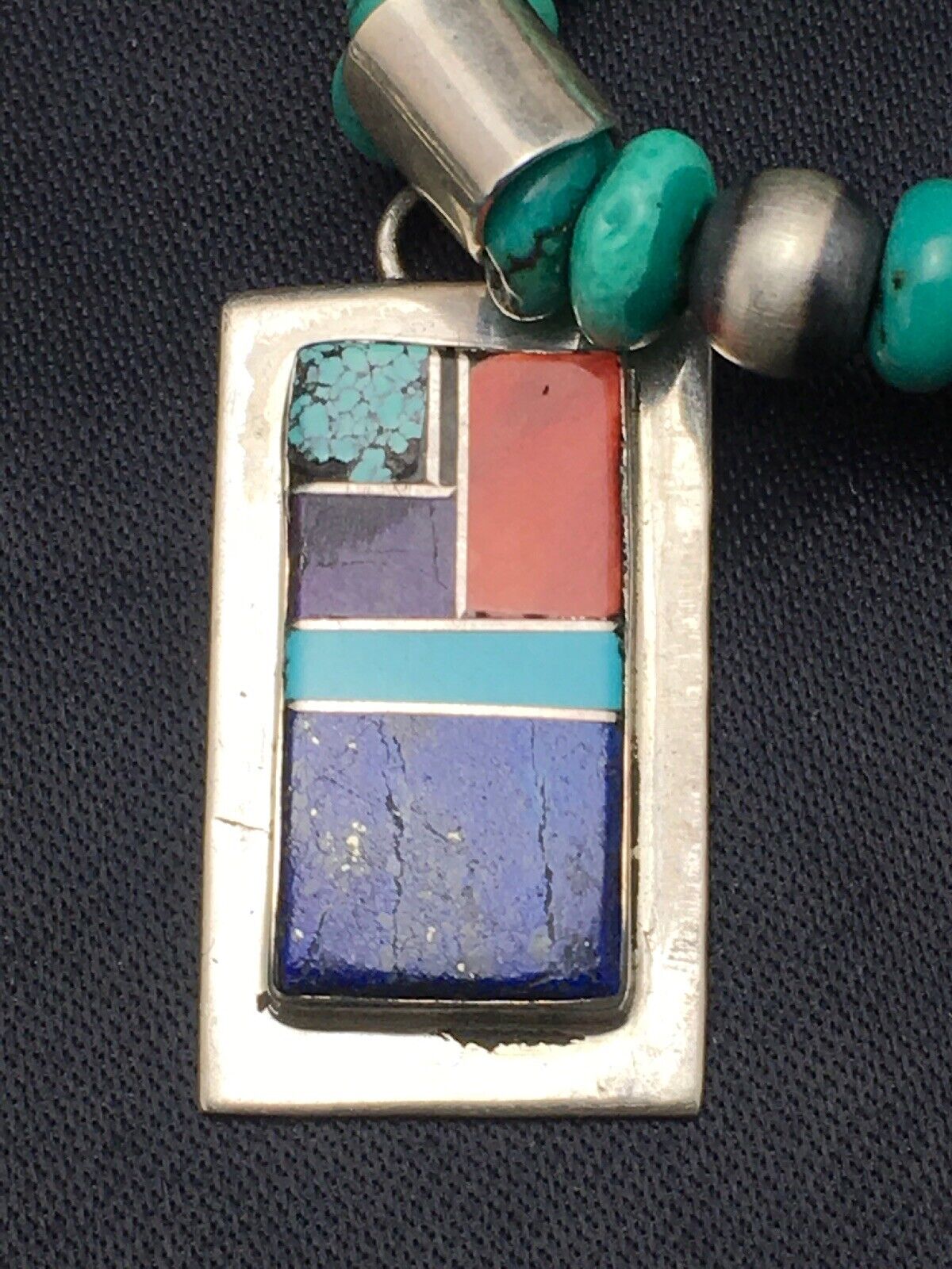 Navajo Turquoise & Lapis Inlay Pendant Necklace | Sterling Silver | 19" | Authentic Native American Handmade | 4077