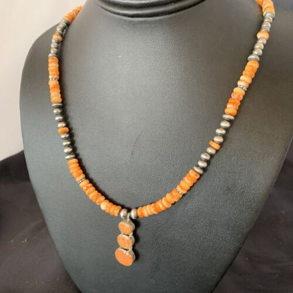 Navajo Pearls Necklace with Orange Spiny Oyster Pendant | Authentic Native American Sterling Silver | Multi-Stone | 12370