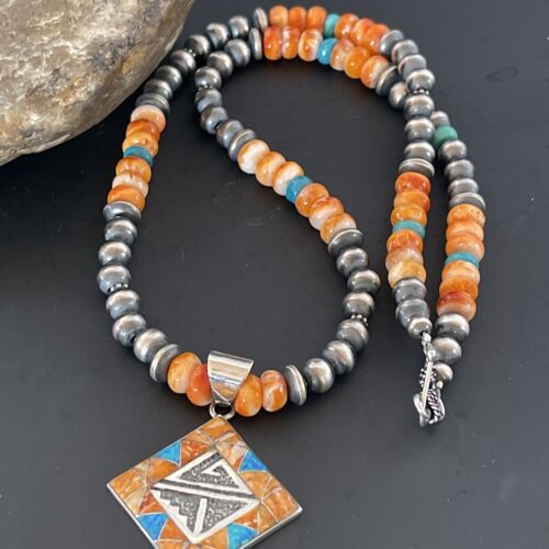 Navajo Pearls Sterling Silver Necklace | Orange Spiny Oyster Opal Inlay Pendant | 11320