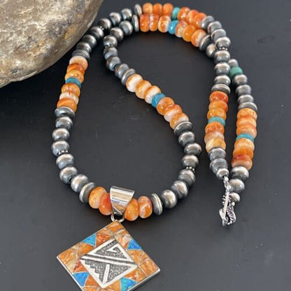 Navajo Pearls Sterling Silver Necklace | Orange Spiny Oyster Opal Inlay Pendant | 11320