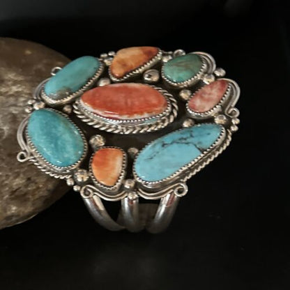 Men's Kingman Turquoise & Spiny Oyster Cluster Cuff Bracelet | Sterling Silver | Native American Handmade | 14595