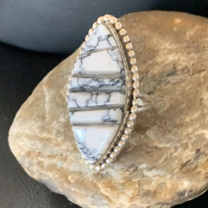Navajo White Buffalo Turquoise Inlay Ring | Sterling Silver | Sz 7 | Authentic Native American Handmade | 12176
