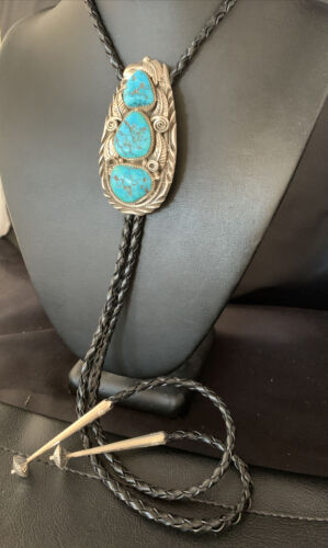 Ultra Rare Navajo Men's Bolo Tie | Blue Kingman Turquoise | Sterling Silver | Native American Handmade | 13668