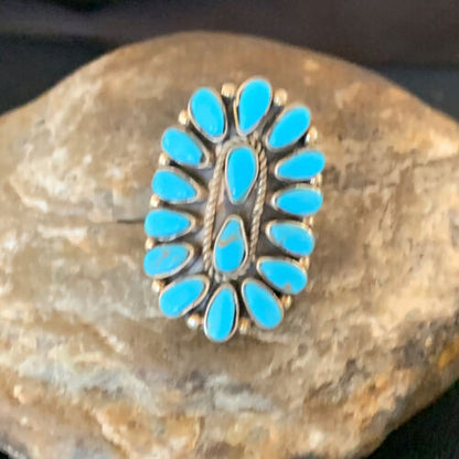 Navajo Blue Cluster Turquoise Needlepoint Ring | Authentic Native American Sterling Silver | Multi-Stone | Sz 8 | 11941