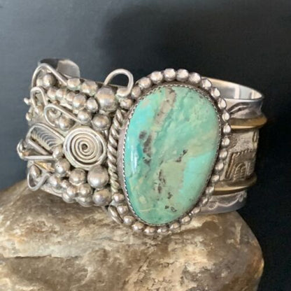 Navajo Green Turquoise Cuff Bracelet | Sterling Silver & 12K Gold | Authentic Native American Handmade | 14116 - Masha USA
