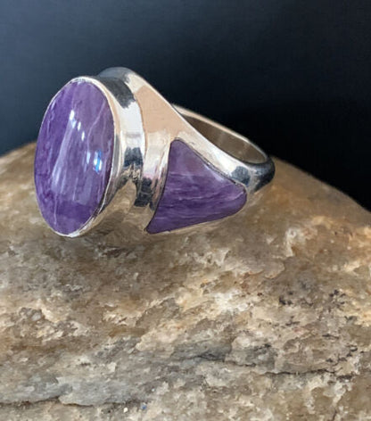 Navajo Purple Charoite Inlay Ring | Sterling Silver | Sz 8.5 | Authentic Native American Handmade | 01452