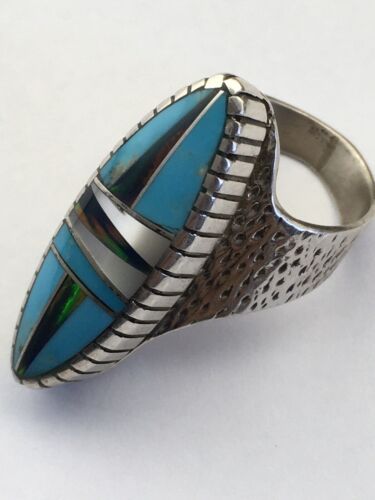 Navajo Multi-Color Opal & Turquoise Inlay Ring | Sterling Silver | Sz 8 | Authentic Native American Handmade | 1611