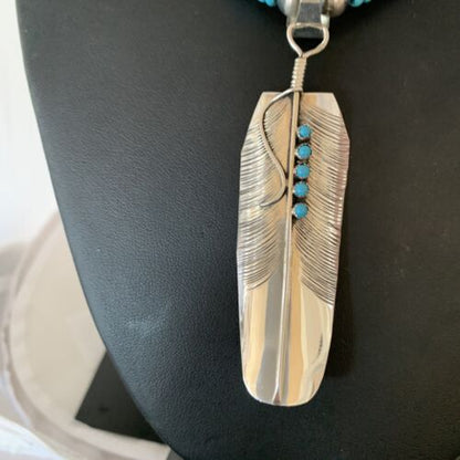 Navajo Turquoise Multi-Stone Feather Pendant | Authentic Native American Sterling Silver | Handmade | 3.5" | 02133