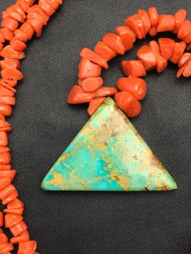 Navajo Kingman Turquoise and Coral Pendant Necklace | Brass | 19" | Authentic Native American Handmade | 4030 - Masha USA
